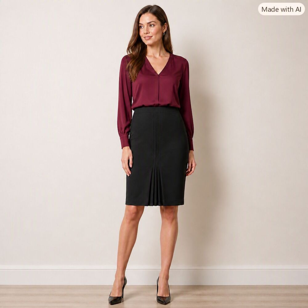 Discontinued Worthington Stretch Black Pencil Skirt 4 Front Back Kick Pleats